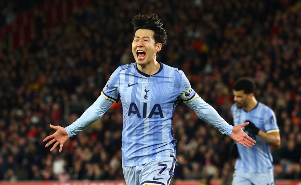 Son Heung-Min of Tottenham Hotspur celebrating a goal.