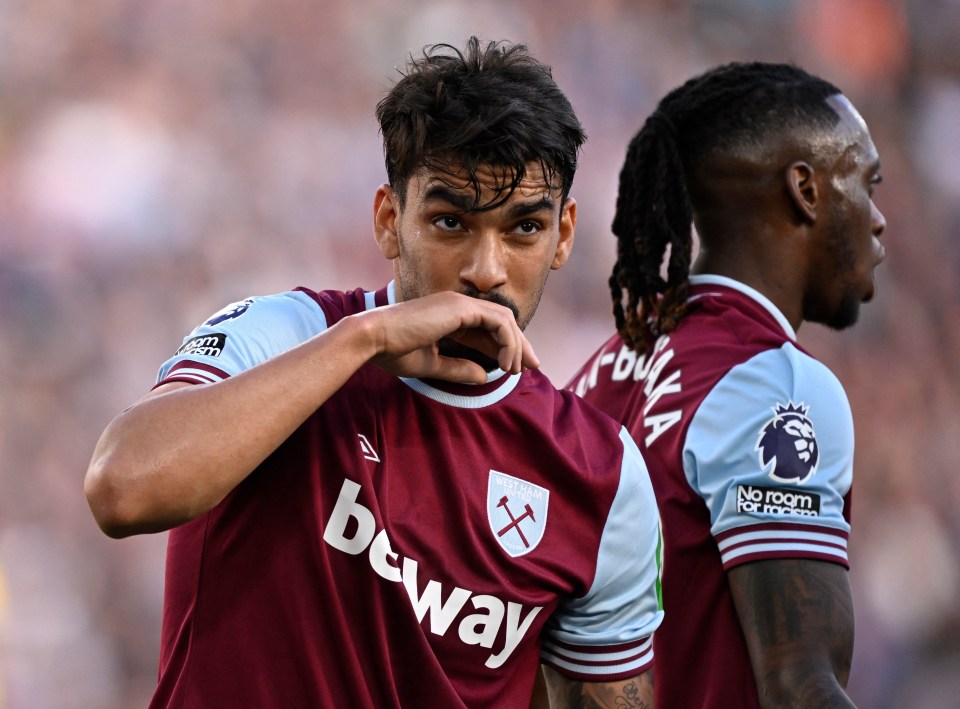 Lucas Paqueta of West Ham United celebrates a goal.