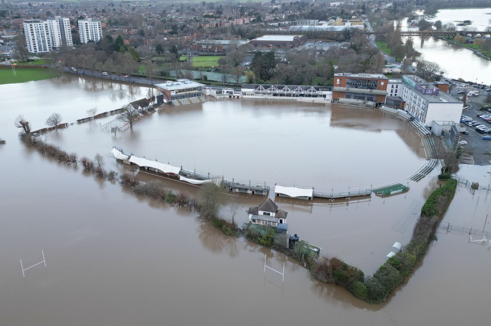 The River Severn swamps Worcester cricket ground