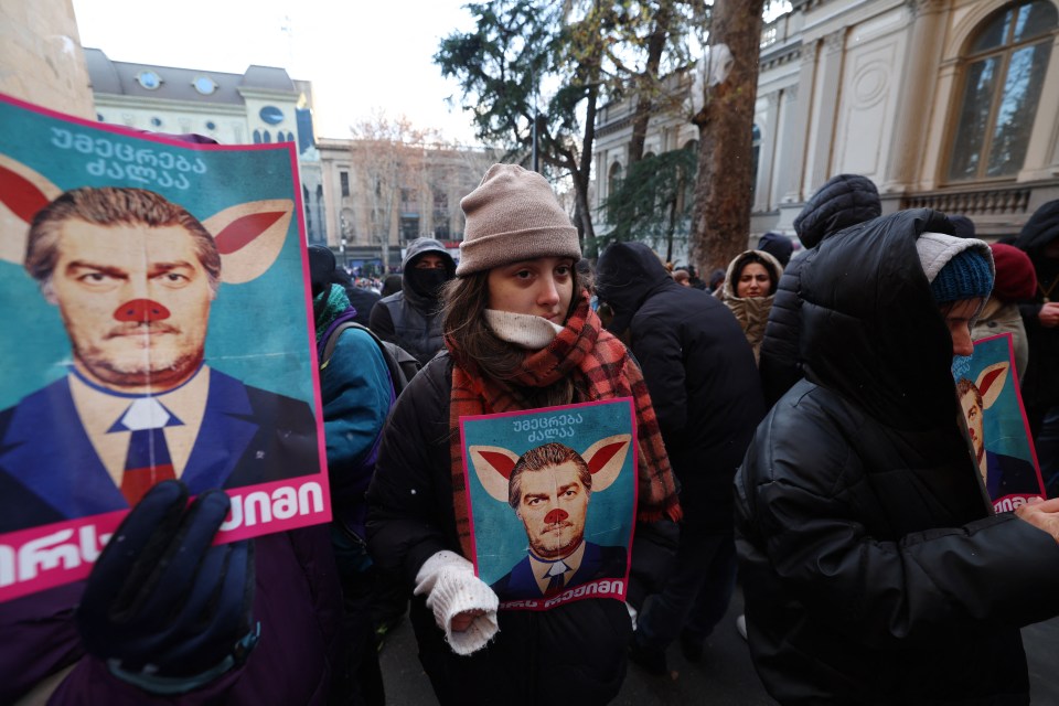 Protesters hold signs depicting the newly elected Georgian president with pig ears.