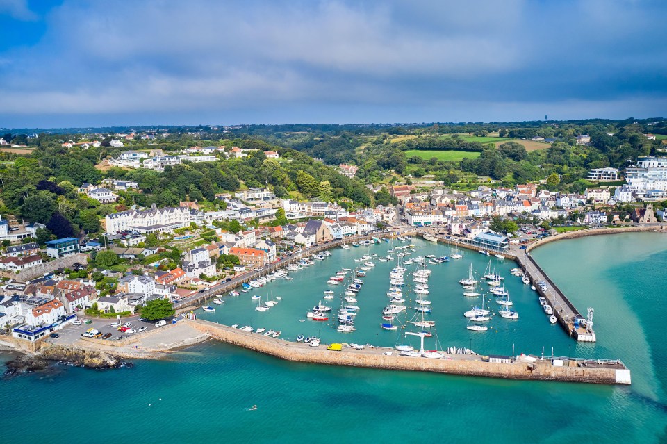 Aerial view of St. Aubin's Harbour and village, Jersey.