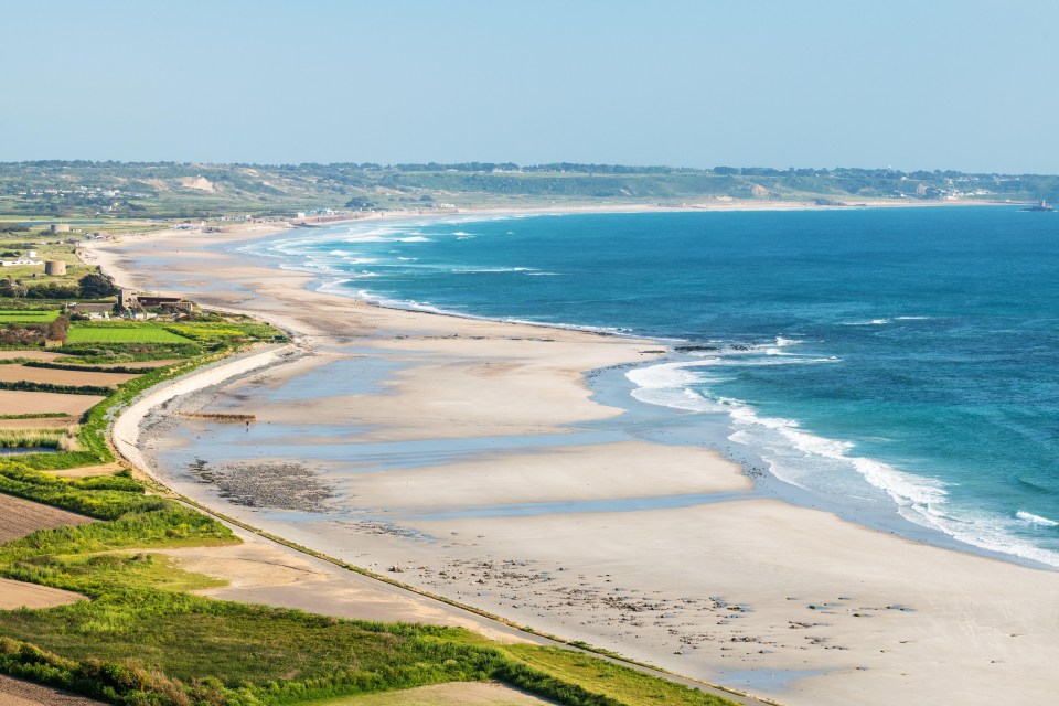 Aerial view of St. Ouens Bay beach in Jersey.