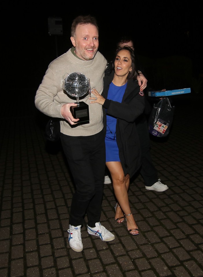 Strictly Come Dancing champ Chris McCausland couldn't be parted from his Glitterball Trophy as he headed to the BBC show after party