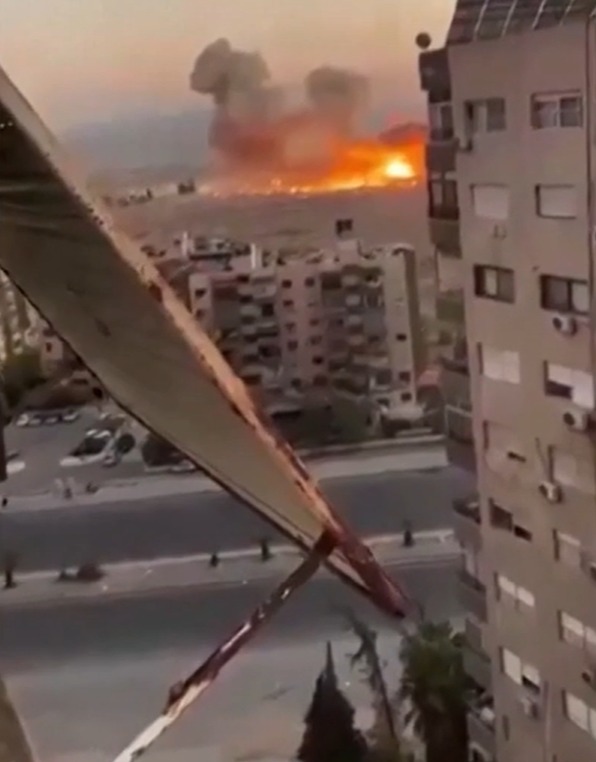 Footage shows an explosion caused by an Israeli airstrike in Mezzeh military airport