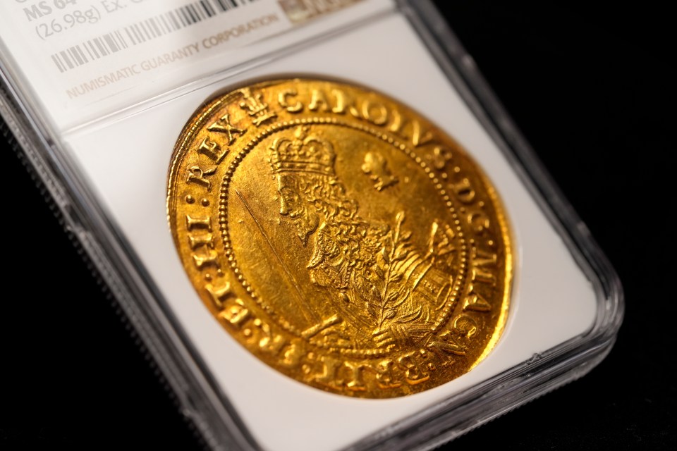 Close-up of a Charles I gold Triple Unite coin in a protective case.