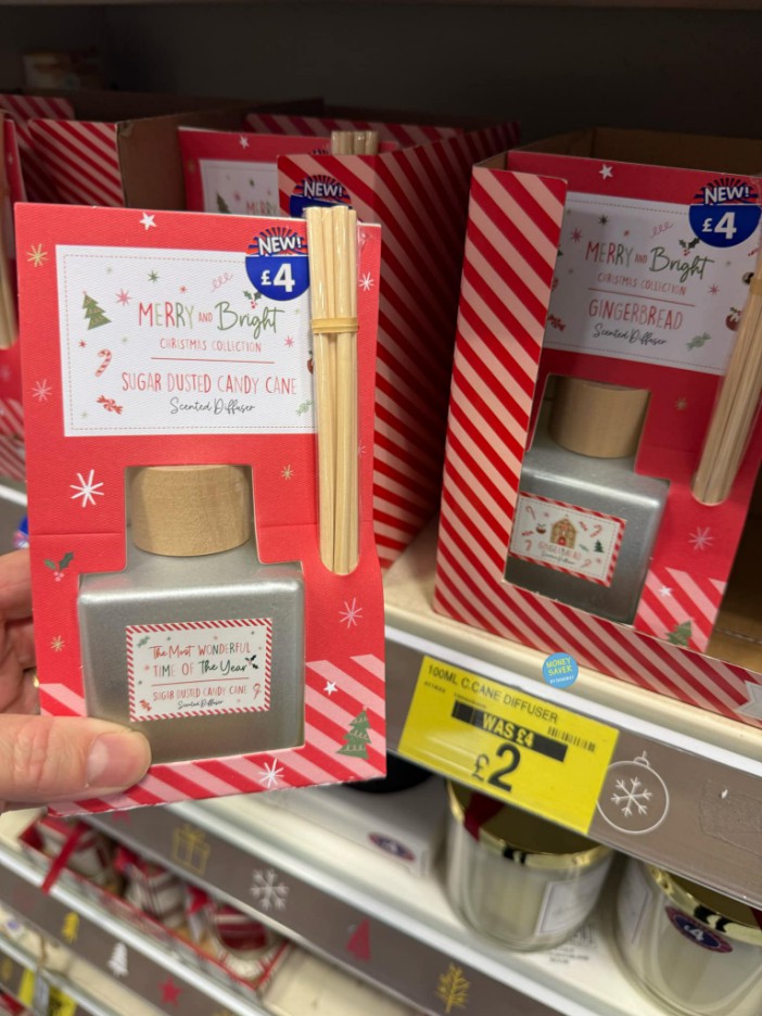 B&M Christmas sale: Sugar dusted candy cane and gingerbread scented diffusers, £2 each.