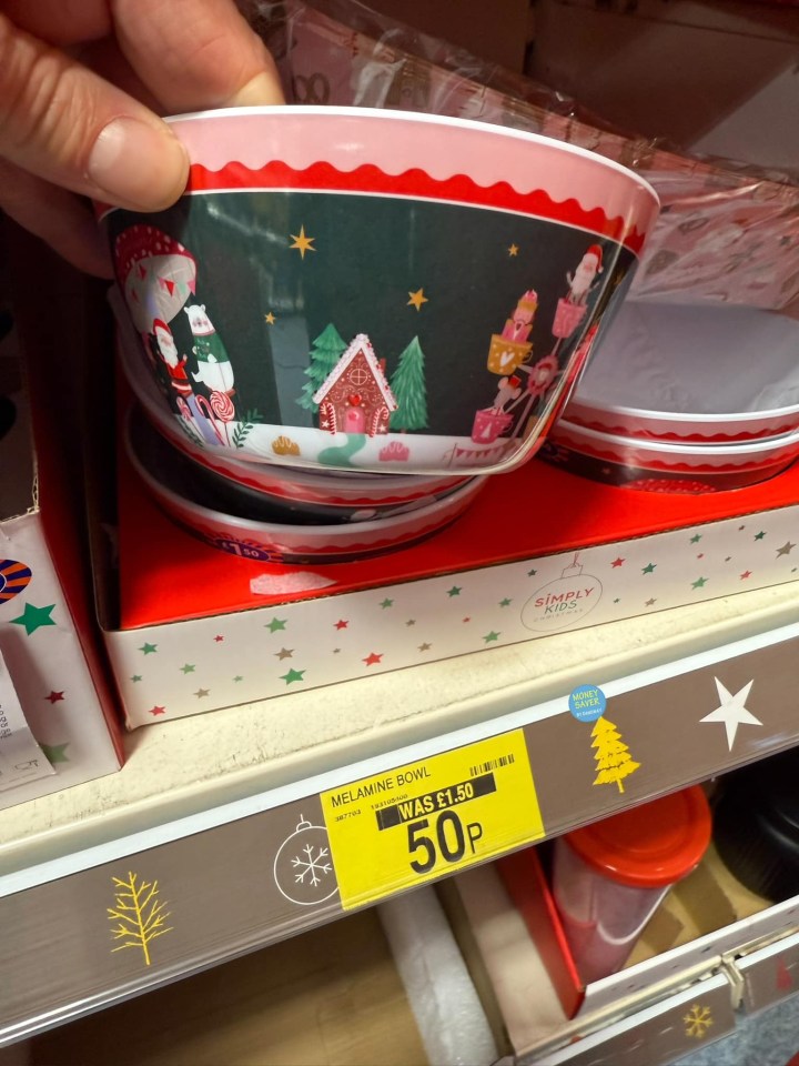 Christmas-themed melamine bowls, 50p.