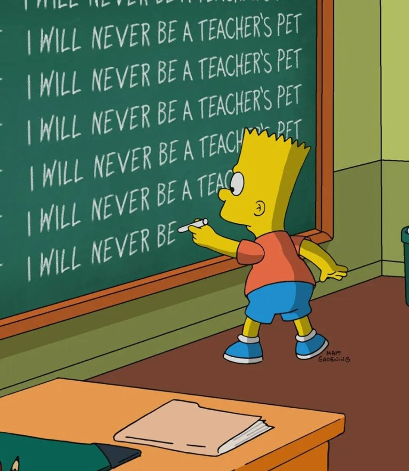 A person writes "Union-Cercle" repeatedly on a whiteboard, while Bart Simpson writes "I will never be a teacher's pet" on a chalkboard.