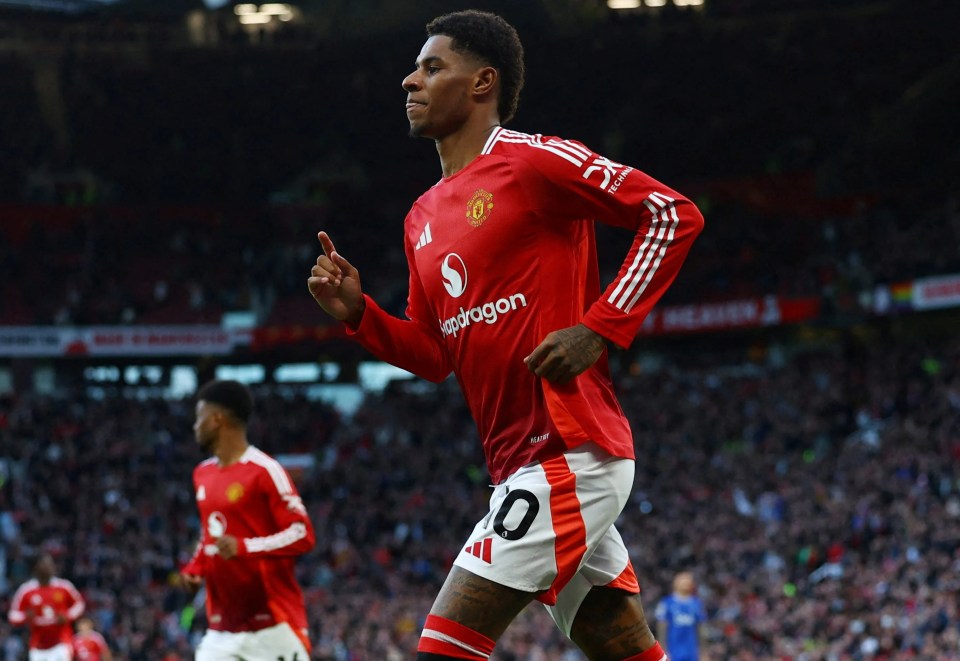 Marcus Rashford of Manchester United celebrates scoring a goal.