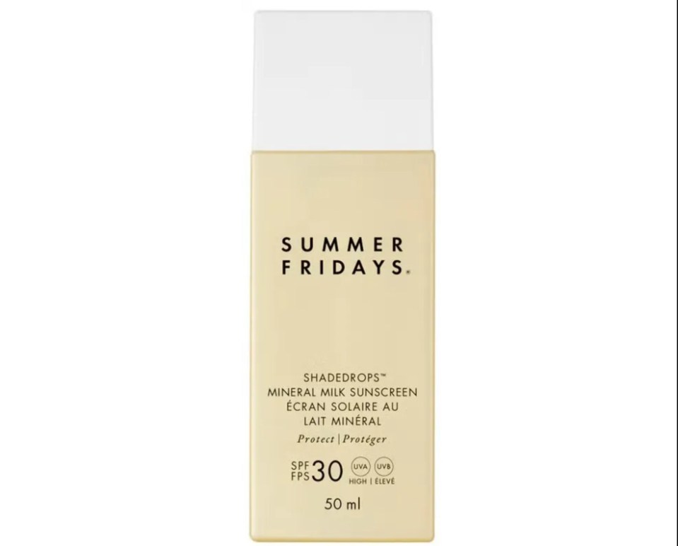 Summer Fridays ShadeDrops Mineral Milk Sunscreen SPF 30, 50ml bottle.