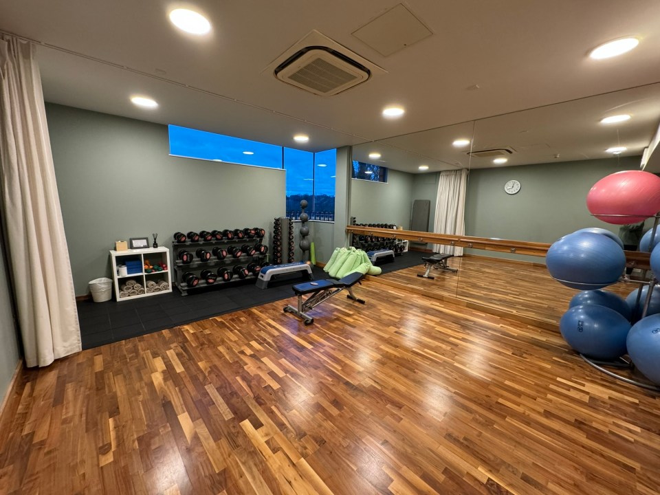 Small fitness studio with weights, benches, and exercise balls.