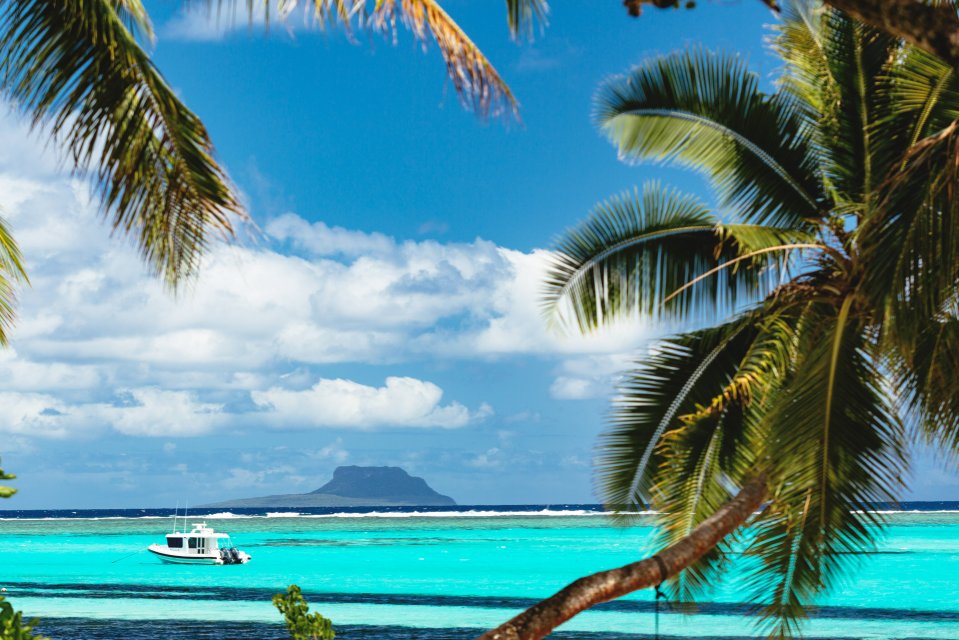 The island sits in the South Pacific Ocean, surrounded by gorgeous blue water