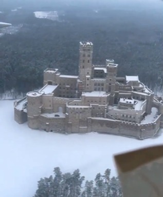 Incredible footage has shown a medieval castle built on a frozen lake