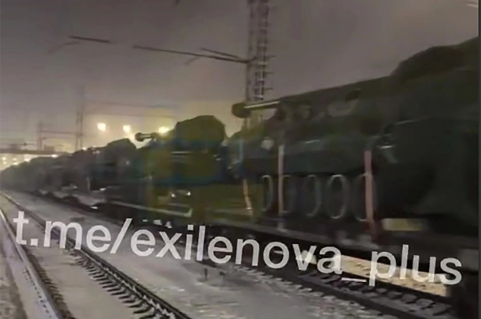 A still from footage believed to show a train of heavy artillery sent from North Korea to the Russian front line