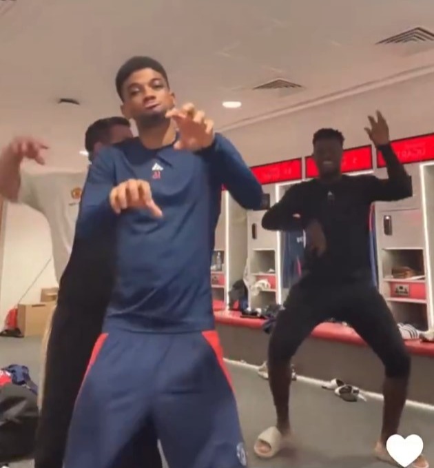 Amad Diallo danced with his team-mates after the Manchester derby