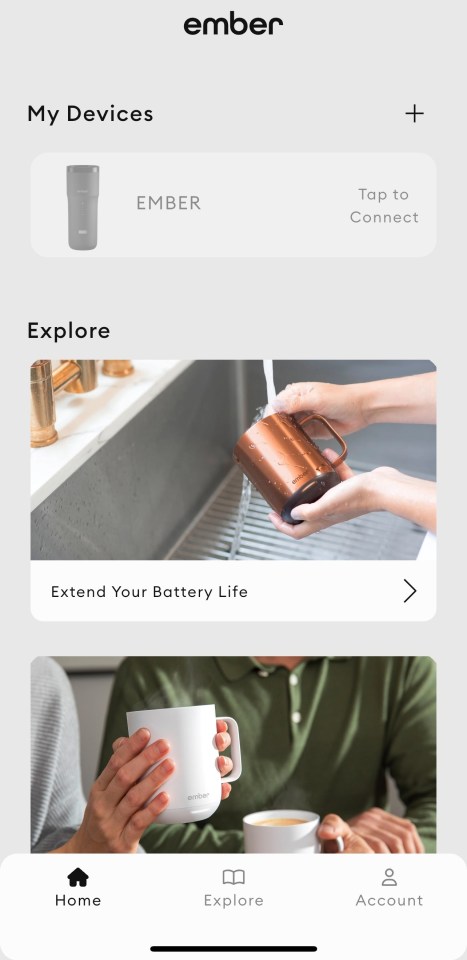 Ember app showing connected devices and tips for extending battery life.