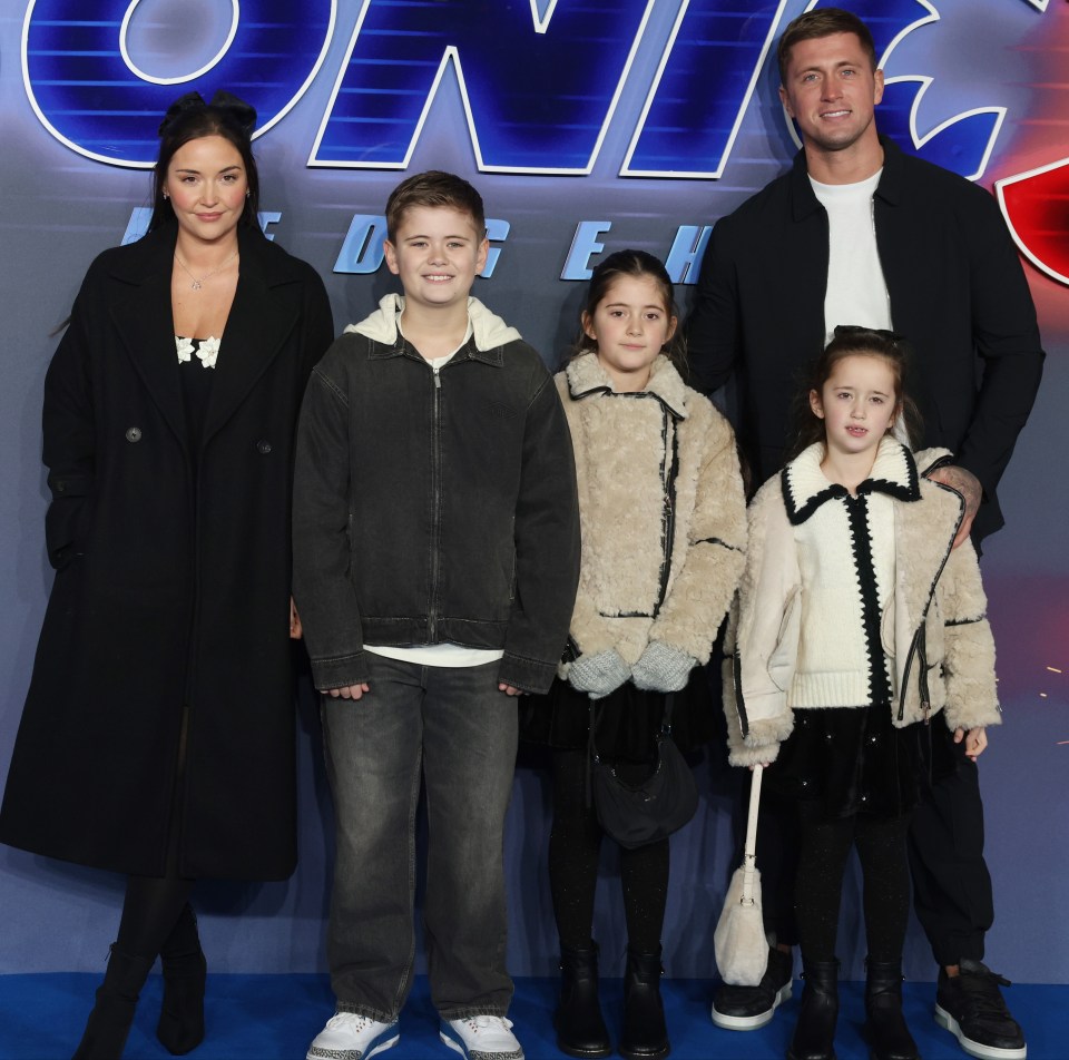 Jacqueline Jossa, Dan Osborne, and their three children at the Sonic the Hedgehog 3 premiere.