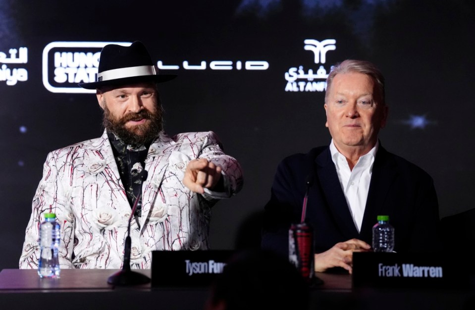 Boxer Tyson Fury (left) and boxing promoter Frank Warren during a press conference in Riyadh, Saudi Arabia. Picture date: Thursday December 19, 2024. PA Photo. See PA story BOXING Fury. Photo credit should read: Nick Potts/PA Wire. RESTRICTIONS: Use subject to restrictions. Editorial use only, no commercial use without prior consent from rights holder.