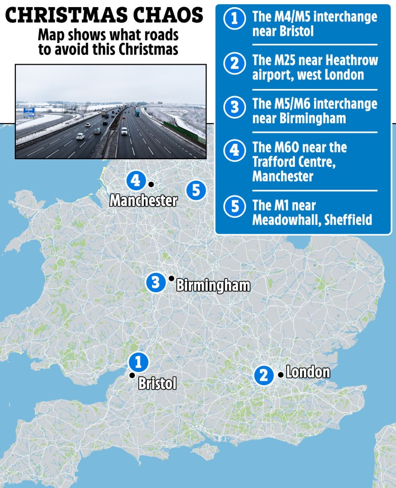 Map highlighting five UK roads to avoid during Christmas.