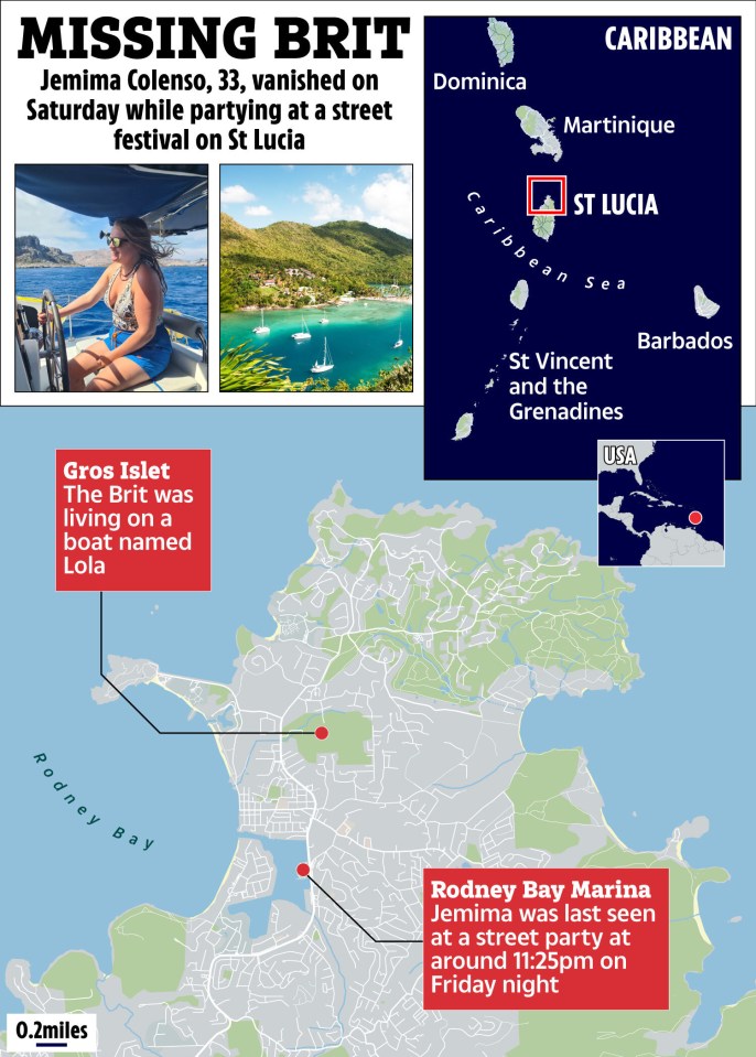 Map of St. Lucia showing where Jemima Colenso, 33, was last seen and where she lived.