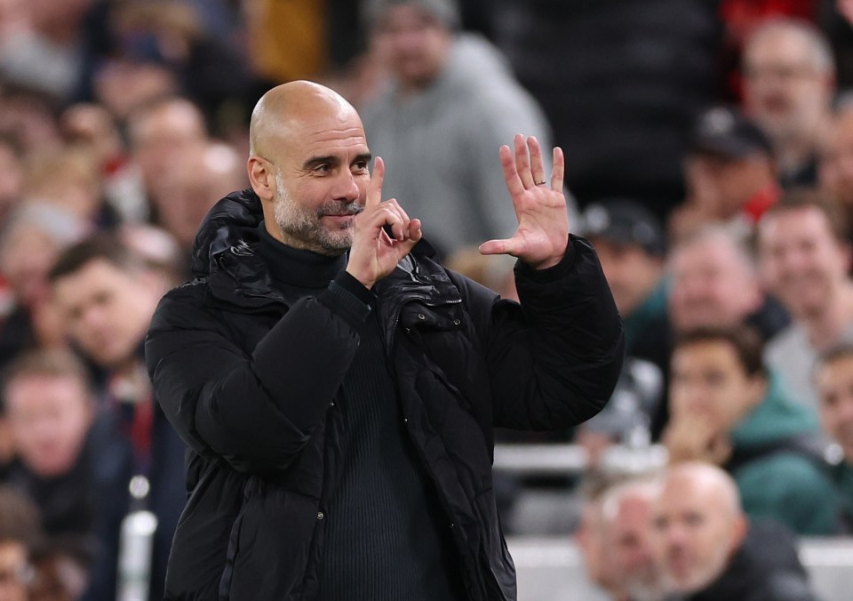 epa11752127 Manchester City manager Pep Guardiola gestures towards Manchester City fans during the English Premier League match between Liverpool and Manchester City in Liverpool, Britain, 01 December 2024. EPA/ADAM VAUGHAN EDITORIAL USE ONLY. No use with unauthorized audio, video, data, fixture lists, club/league logos, 'live' services or NFTs. Online in-match use limited to 120 images, no video emulation. No use in betting, games or single club/league/player publications.