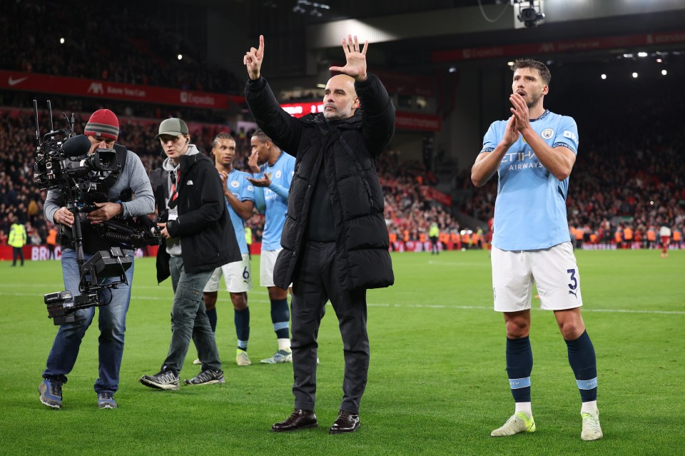 epa11752183 Manchester City manager Pep Guardiola gestures towards fans after the English Premier League match between Liverpool and Manchester City in Liverpool, Britain, 01 December 2024. EPA/ADAM VAUGHAN EDITORIAL USE ONLY. No use with unauthorized audio, video, data, fixture lists, club/league logos, 'live' services or NFTs. Online in-match use limited to 120 images, no video emulation. No use in betting, games or single club/league/player publications.