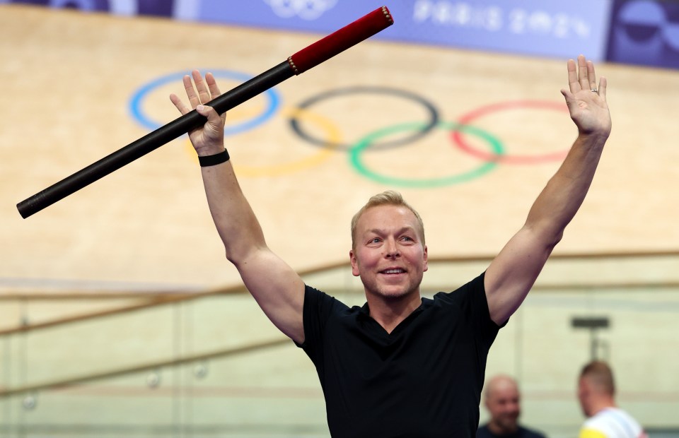 PARIS, FRANCE - AUGUST 09: Sir Chris Hoy, former professional cyclist, performs the Coup de Baton ceremony prior to the Men's Sprint, Finals on day fourteen of the Olympic Games Paris 2024 at Saint-Quentin-en-Yvelines Velodrome on August 09, 2024 in Paris, France. (Photo by Tim de Waele/Getty Images)