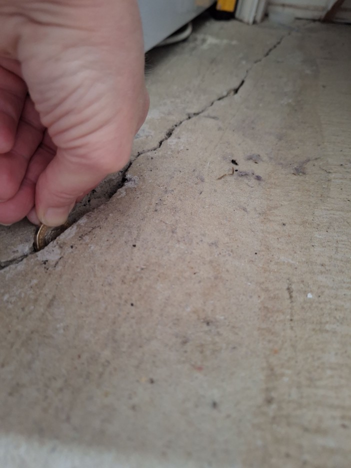 Pictures show large cracks in the floor which have prevented the family from layering flooring