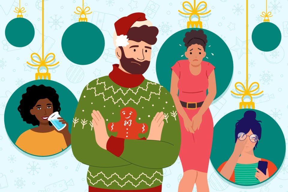 Man in Christmas sweater with three women showing symptoms of diabetes.