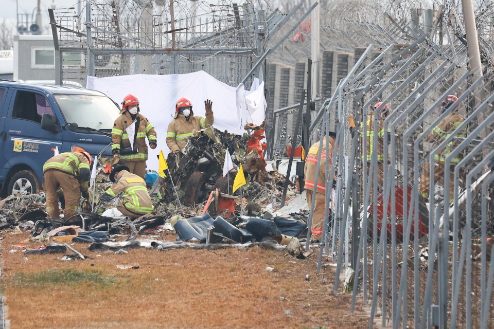 Recovery teams work at the scene where a Jeju Air Boeing 737-800 series aircraft crashed