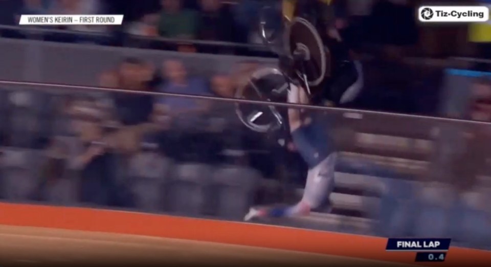 Both riders were sent flying over the barrier at the top of the velodrome