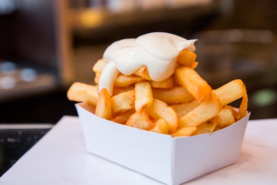 French fries topped with mayonnaise in a white cardboard container.