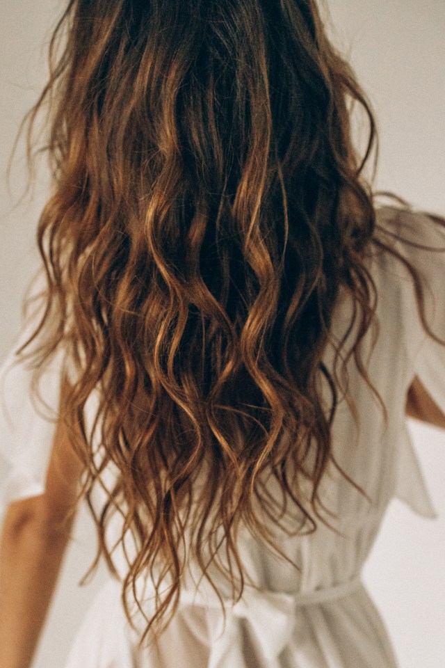 Woman's long, wavy brown hair.