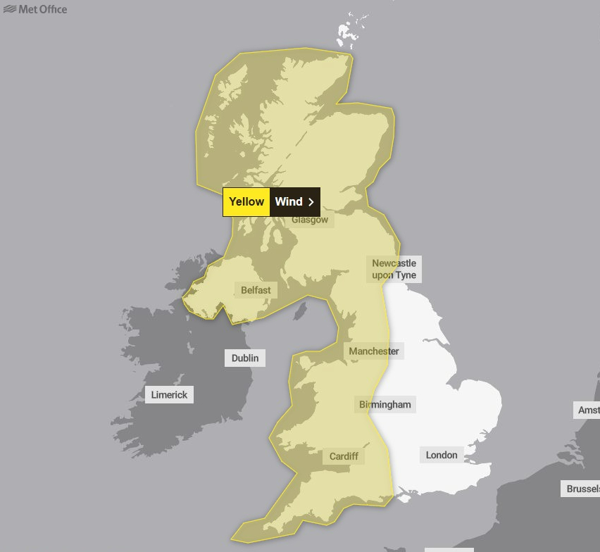 Yellow wind warning map of the UK.