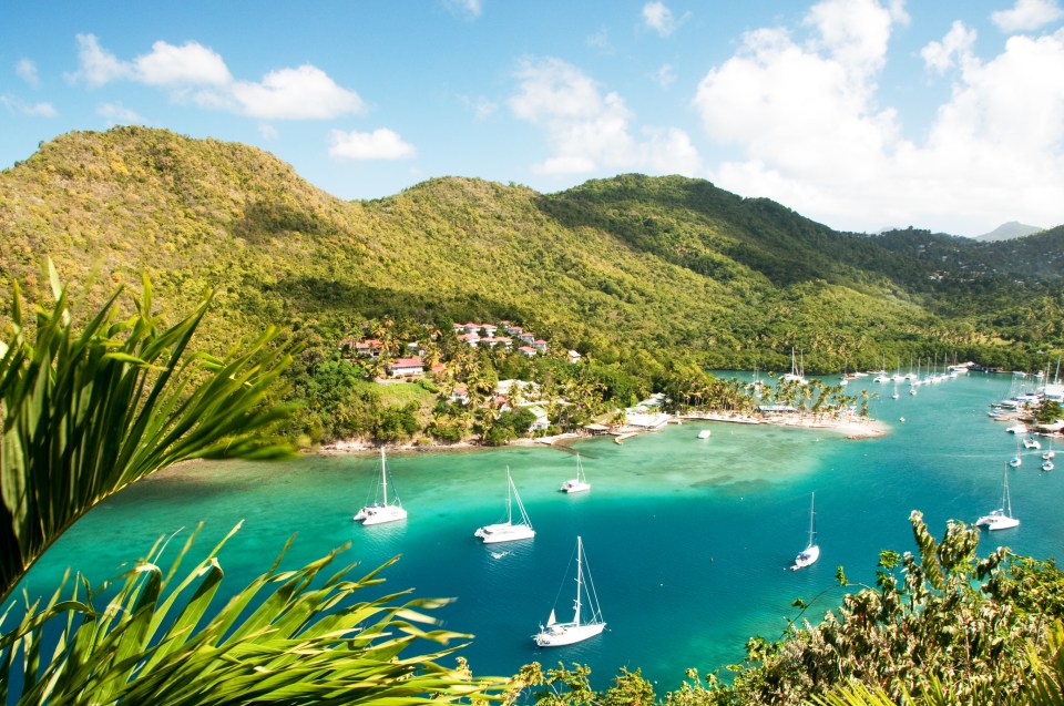 Tropical bay with sailboats and lush green hills.