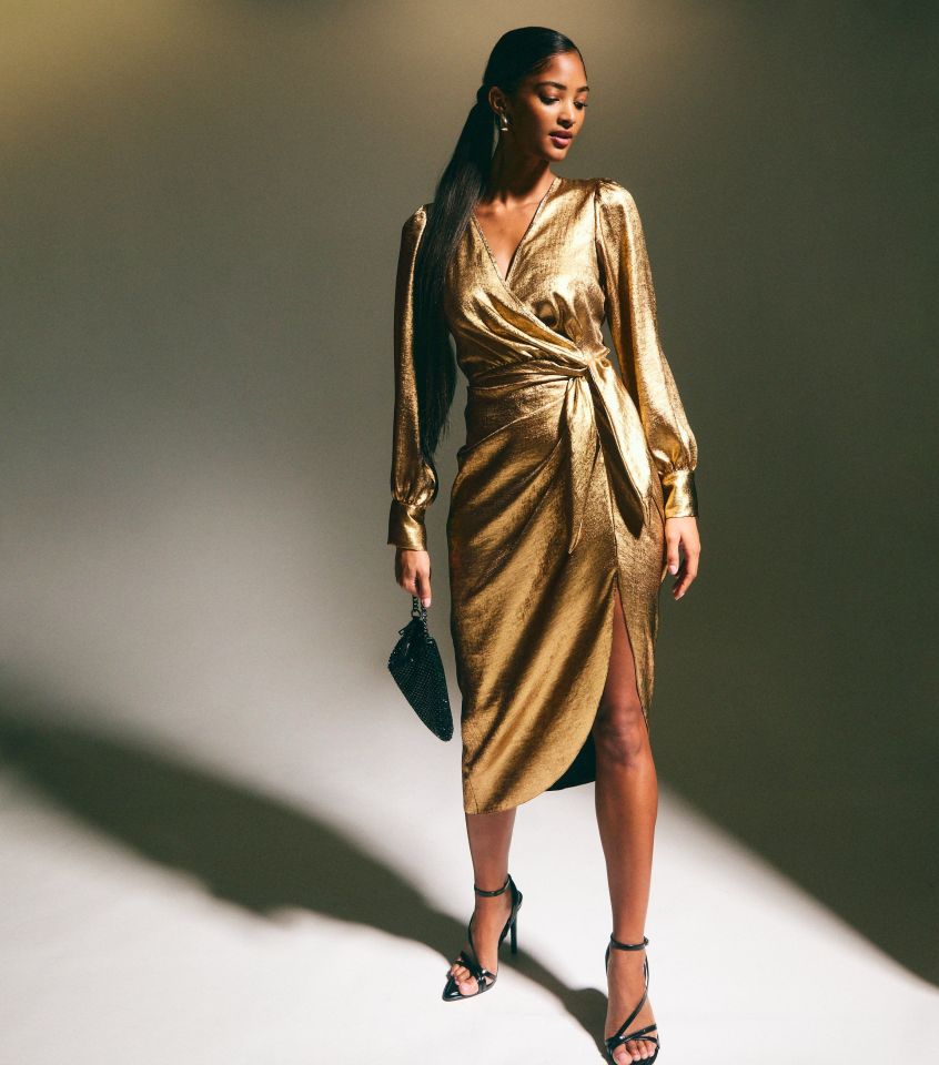 This gold-foil long-sleeve wrap midi-dress from New Look is down to £12