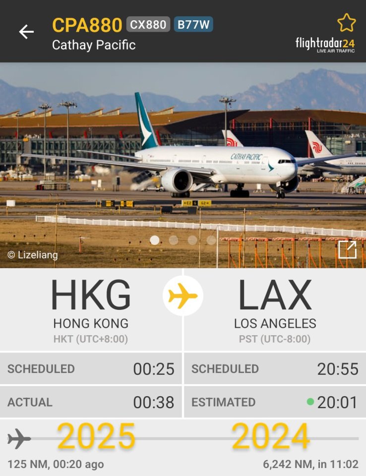 This flight took off from Hong Kong in 2025 and will land in Los Angeles back in 2024