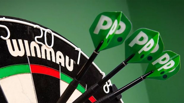 Three darts with the PP logo stuck in a dartboard.