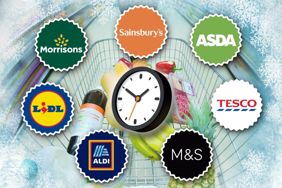 Grocery shopping cart with various supermarket logos and a clock.