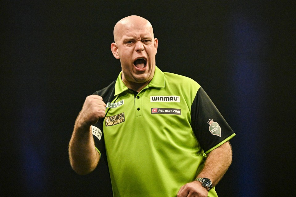 EDITORIAL USE ONLY Mandatory Credit: Photo by Godfrey Pitt/Action Plus/REX/Shutterstock (14893587fi) Michael van Gerwen celebrates after winning a leg against Ryan Joyce; 12th November 2024, WV Active, Aldersley, Wolverhampton, England; 2024 PDC Grand Slam of Darts, Day 4. Mr Vegas Grand Slam of Darts, Day 4, Wolverhampton, UK - 12 Nov 2024