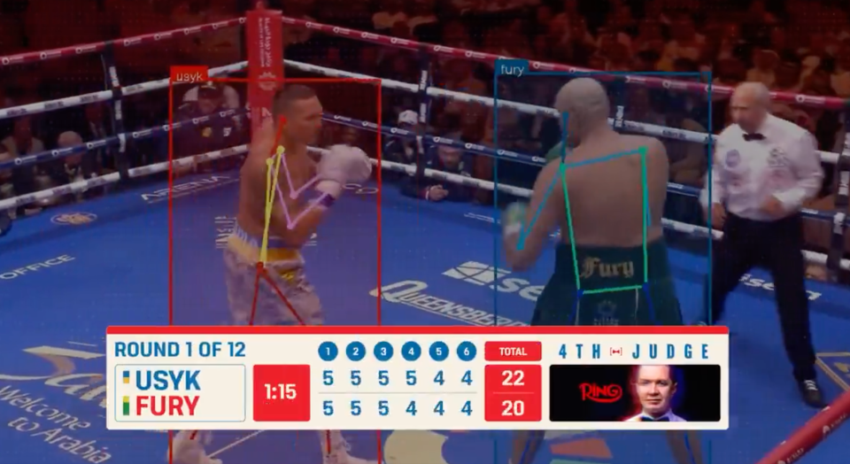 Boxing match between Usyk and Fury; round 1, scorecard shown.