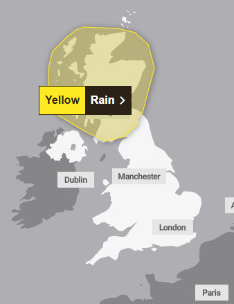 The Met Office has issued a yellow weather warning across Scotland which comes into force on Monday night