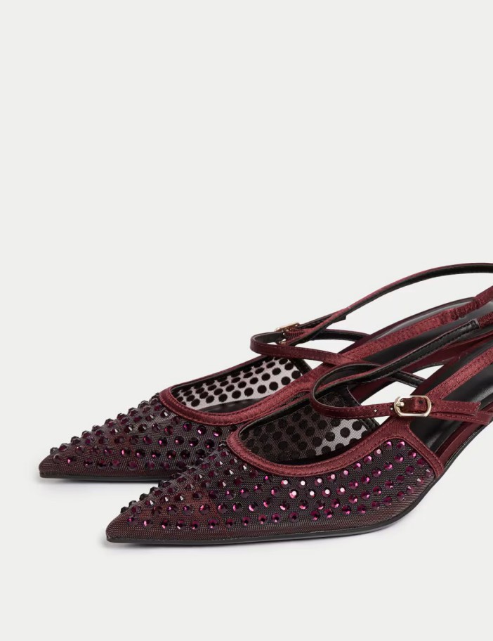 Burgundy jeweled party shoes.