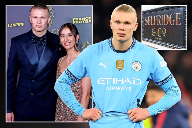 Erling Haaland in a Manchester City jersey with his partner.