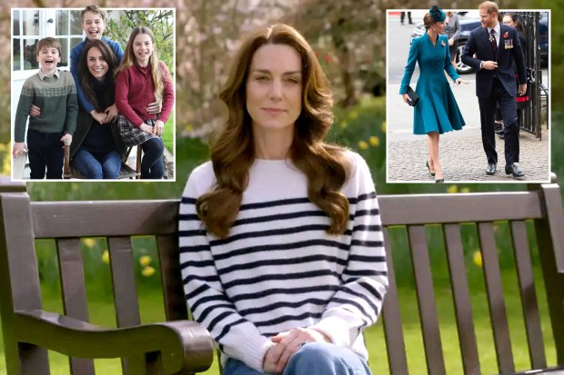 Kate Middleton sits on a park bench, reflecting on a challenging year; inset images show her with her children and at an official engagement with Prince William.