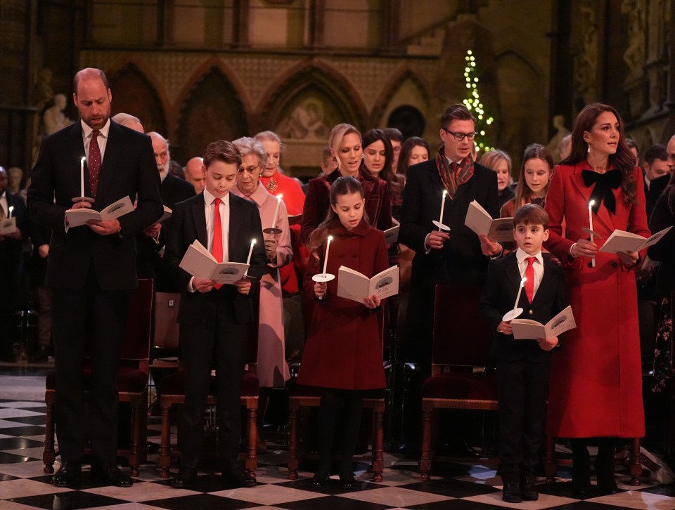 The Prince of Wales, Prince George, Princess Charlotte, Prince Louis, and the Princess of Wales during the Together At Christmas carol service