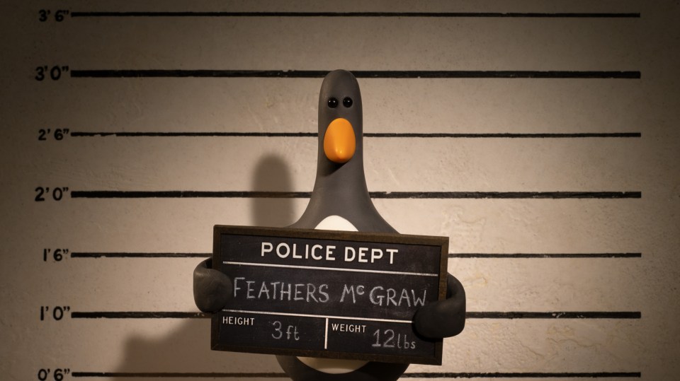 Feathers McGraw, a penguin, in a police lineup.