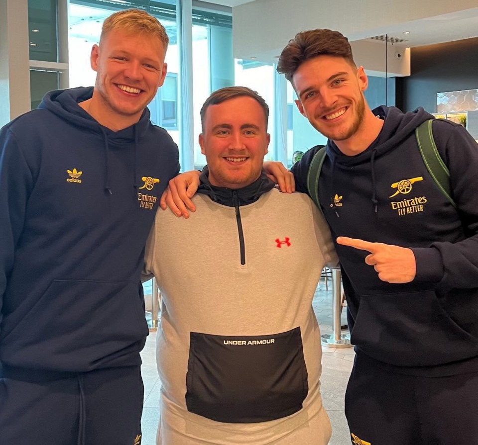 Aaron Ramsdale, Luke Littler, and Declan Rice in a photo together.