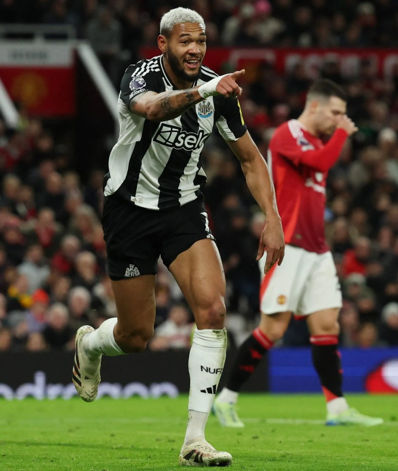 Joelinton of Newcastle United celebrates scoring a goal.