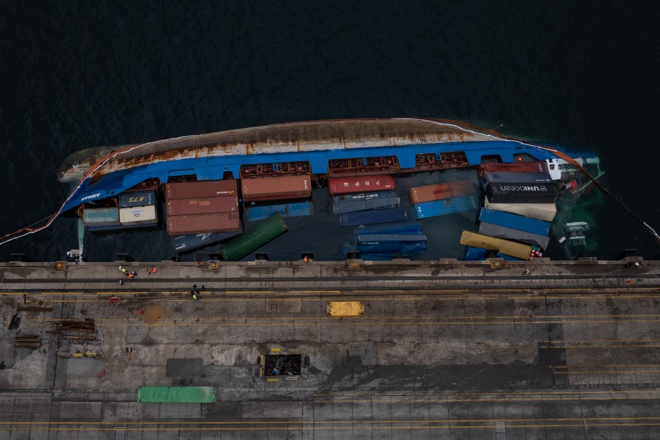 An aerial view showed the cargo ship lying on its side at Ambarli-Marpot Port